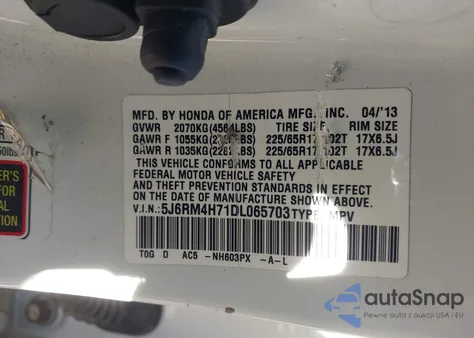 2013 Honda Cr-V Ex-L из США, поврежденный, VIN 5J6RM4H71DL065703